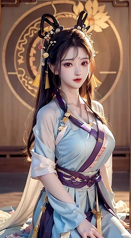 Half-length photo, a beautiful woman, messy hair, Full of girly feeling, Symmetrical bun, hair accessories, jewelry, delicate face, eye shadow, purple top, purple, purple, Crop navel, purple long skirt, Dunhuang style, exquisite embroidery, silver jewelry, Silver ribbon, White streamer, light blue streamer, delicate skin, soft light effect, delicate and Smooth hair, Exquisite details, Eye highlights, White skin, Detailed characterization, Extreme details, movie quality, thin, thin and long, shattered, Hair details, thin bangs, Shawl hair, Right body, shadow, air bangs, 8K, super detailed, Fabric texture is delicate, soft, Smooth, Smooth texture, Dunhuang style, Exquisite pattern, Correct hand drawing, anatomically correct, precise, night, dark night, light, Tyndall effect, Ray tracing, heads up display, outdoor, outdoor, Physically based rendering of deserts, beautiful studio soft light, CG, wallpaper, Very detailed, ( ore details: 1.3), 1 girl, perfect face, perfect eyes, young, long eyelashes, purse lips, (long hair: 1.3), purse lips, (whole body: 1.5), long hair, big eyes, lying down, tilted head, hair accessories, Casual pose, Smile, ((hanfu, Bright): 1.5), sitting position, flower field, Cherry blossoms,beautiful breasts、huge breasts:1.4,plump breasts