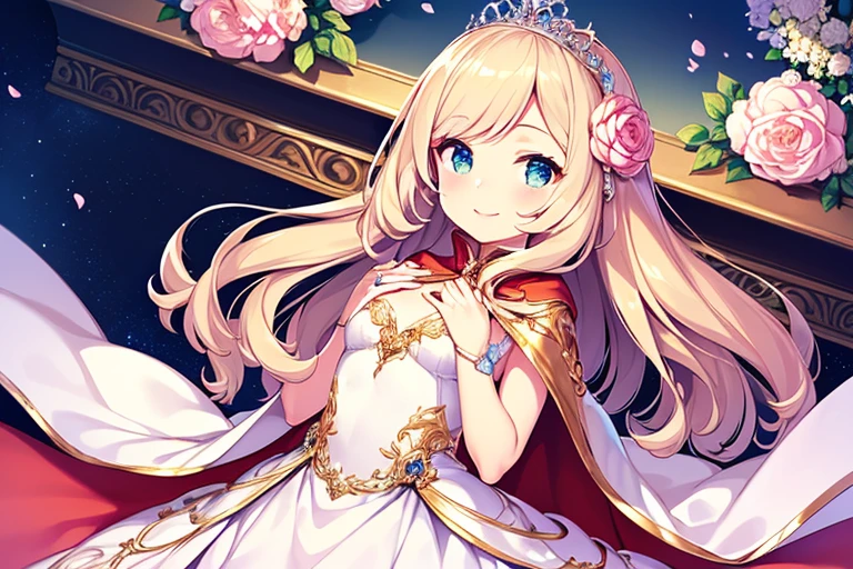 (kawaii),(best quality),(ultra detailed),(rococo style),(long train pastel pink cape:1.15), very long cape,(long train white ball gown with flower decorations:1.1), a girl is wearing a cape over her gown, 1 little princess, tiara, smile, very long hair, small breasts, beautiful detailed eyes, beautiful detailed lips