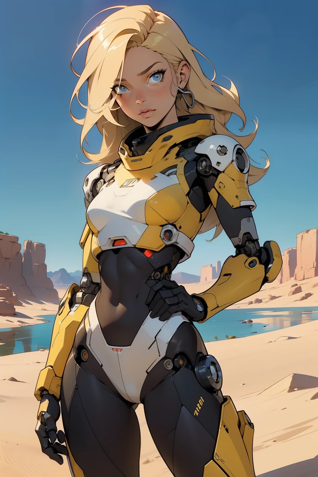 high quality, 4k, masterpiece, beautiful, cyborg girl, cowboy shot, dull eyes, front, looking at viewer, long blonde hair, girl, small breasts, fit thighs, robotic arms, robotic body, cyborg body, yellow uniform, red accent, intricate detail, joint, detailed lines, robotic detail, holding fist up, holding hand up as fist, color robotic parts, robotic parts with color, perfect fingers, on a desert planet, sunny background, colorful desert, a river or a lake in the background