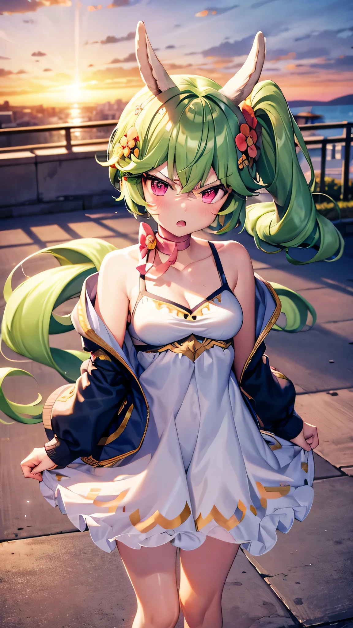 masterpiece,best quality, detailed eyes, expresive eyes,1girl,mayreel,alpaca ears,green hair,pink eyes,green hair,side ponytail,hair ornament,flower,long hair,light frown,tsundere, white hoodie, white jacket, from behind, looking at viewer, open mouth, angry, light blush, beautiful sky, beautiful sunset
