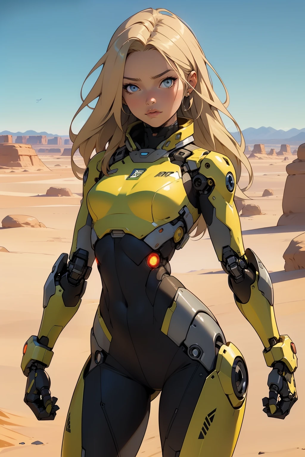 high quality, 4k, masterpiece, beautiful, cyborg girl, cowboy shot, dull eyes, front, looking at viewer, long blonde hair, girl, small breasts, fit thighs, robotic arms, robotic body, cyborg body, yellow uniform, red accent, intricate detail, joint, detailed lines, robotic detail, holding fist up, holding hand up as fist, color robotic parts, robotic parts with color, perfect fingers, on a desert planet, sunny background, colorful desert, a river or a lake in the background