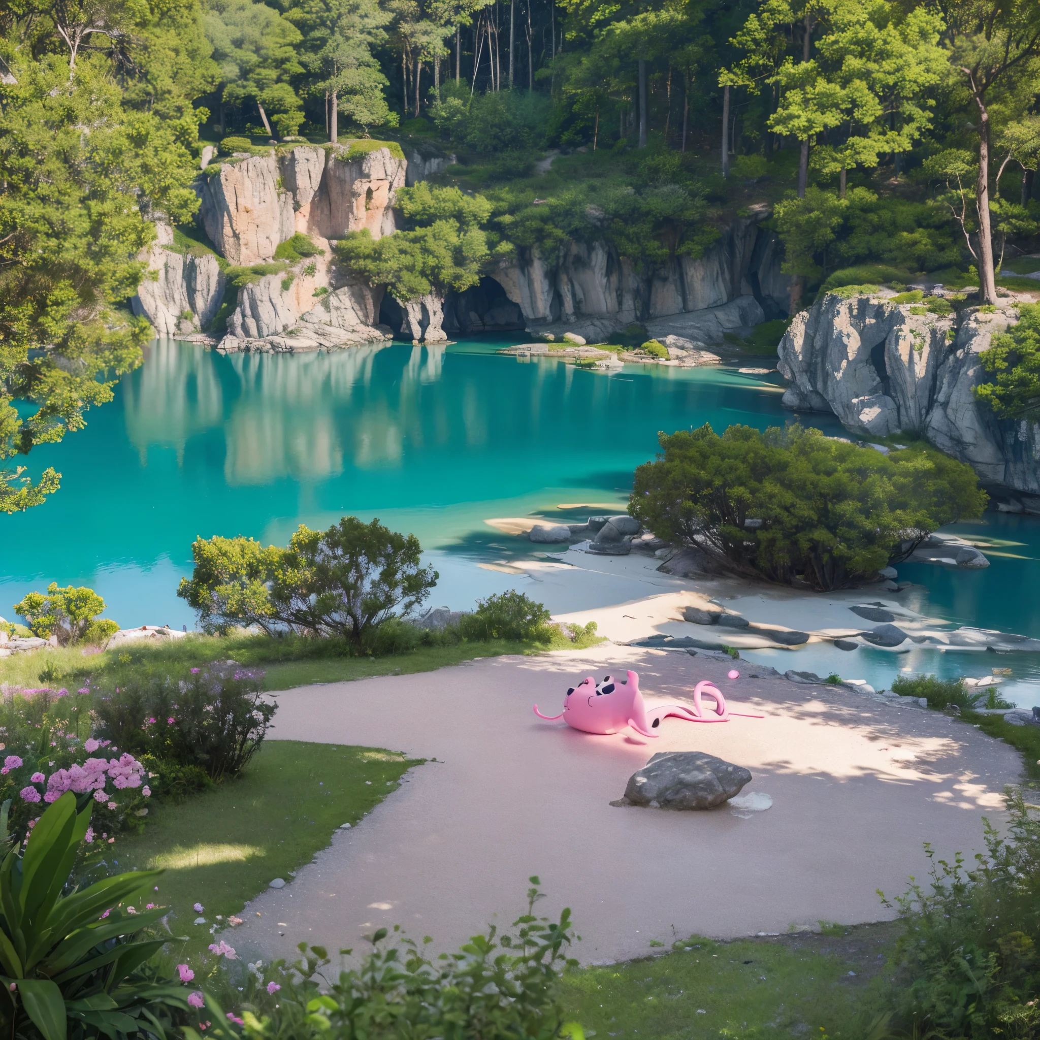 A pink panther ((Provocation), In attack position, Surrounding rocks and lakes, Highly detailed natural environments, High quality pictures, Surreal, cinematic look, 32k HD--ar 3:2--Cartoon style, painting