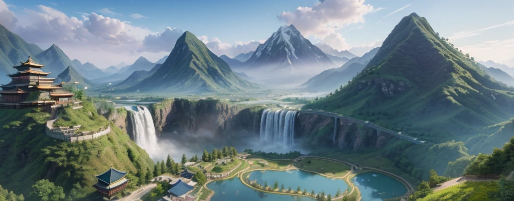 A painting of a mountain landscape with a waterfall and a cascade, landscape art detailed, Detailed dreams, Beautiful rendering of the Tang Dynasty, Killian N and Thomas Kincaid, Dream China Town, author：Zhu Lian, inspired by Yang Buzhi, Chinese fantasy, landscape artwork, Chinese landscape, xianxia fantasy, illustration matte, Dreamy，Purple