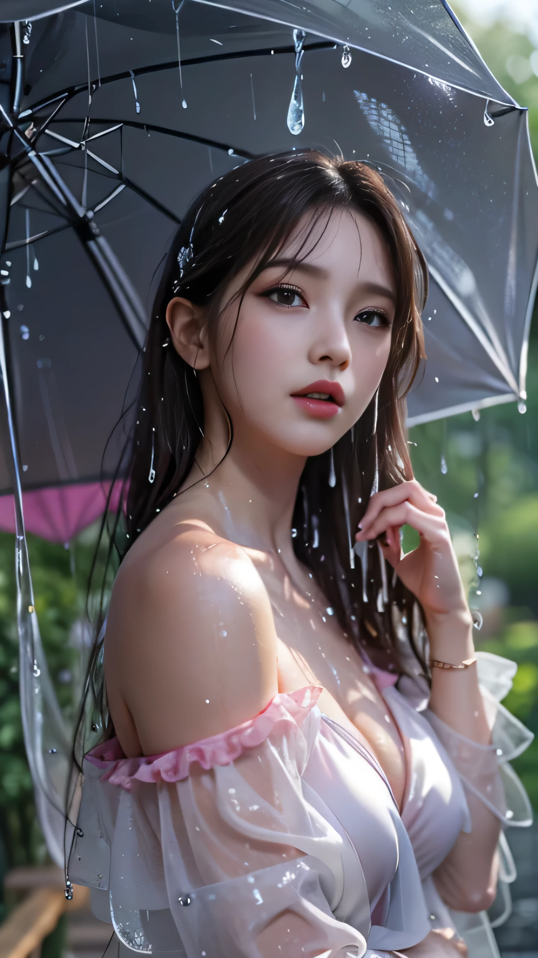 (highest quality、4k、masterpiece:1.3)、Beautiful woman、1 girl、sexy:1.1、dark brown hair:1.1、highly detailed face、lip details、detailed eye、double eyelid、(Pink nipples are transparent）、(Translucent off-shoulder wet white dress)、(she is wet)、(A woman taking shelter from the rain in a park waiting room)