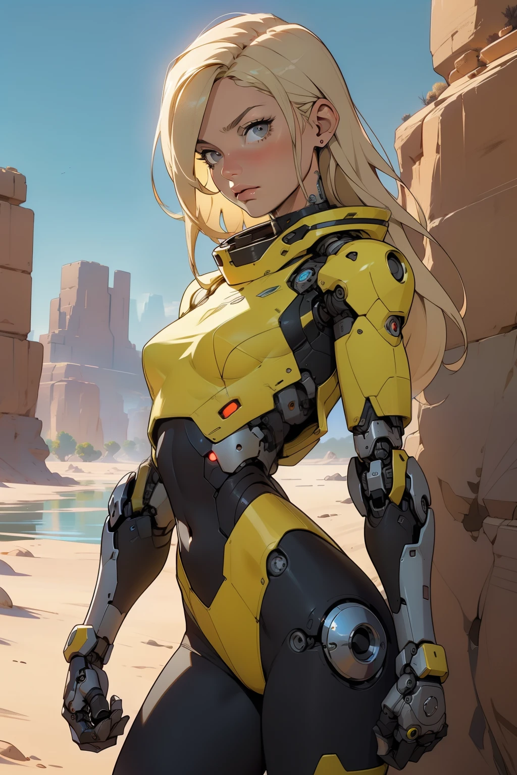 high quality, 4k, masterpiece, beautiful, cyborg girl, cowboy shot, dull eyes, front, looking at viewer, long blonde hair, girl, small breasts, fit thighs, robotic arms, robotic body, cyborg body, yellow uniform, red accent, intricate detail, joint, detailed lines, robotic detail, holding fist up, holding hand up as fist, color robotic parts, robotic parts with color, perfect fingers, on a desert planet, sunny background, colorful desert, a river or a lake in the background