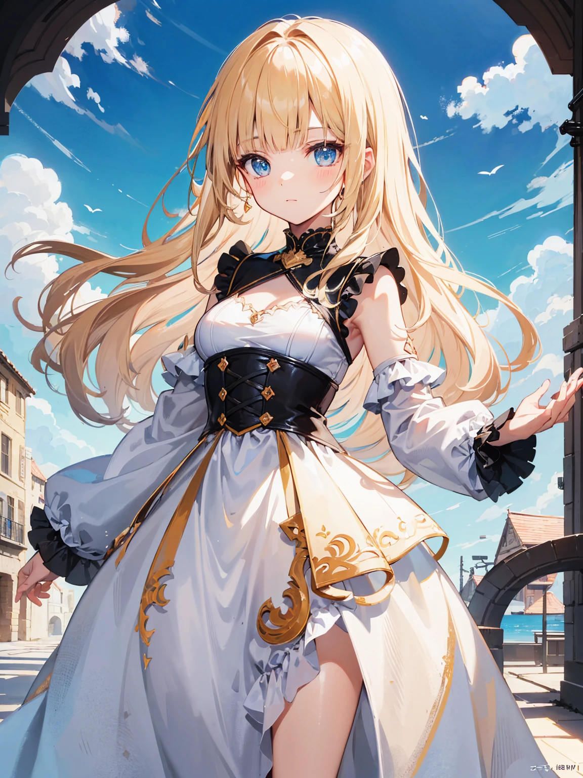 High quality, Ultra detailed, best quality, insanely detailed, masterpiece, beautiful illustrations, highest quality, pretty girl, ((very cute)), ((lovely)), 1girl, standing, pastel colour, blonde hair, wavy long hair, (blunt bangs), caucasian, bright lighting, sky-blue eyes, soft smile, looking at viewer
