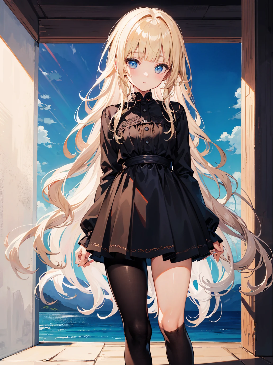 High quality, Ultra detailed, best quality, insanely detailed, masterpiece, beautiful illustrations, highest quality, pretty girl, ((very cute)), ((lovely)), 1girl, standing, pastel colour, blonde hair, wavy long hair, (blunt bangs), caucasian, bright lighting, sky-blue eyes, soft smile, looking at viewer