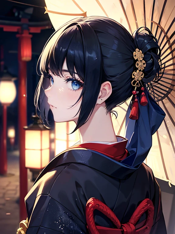 A (masterpiece, of the highest quality, ultra-detailed), featuring short black and navy hair, seen from behind, with the nape of the neck visible, finely sculpted facial features, blue eyes, and fair skin, adorned in a traditional Japanese kimono, with sparkling eyes.