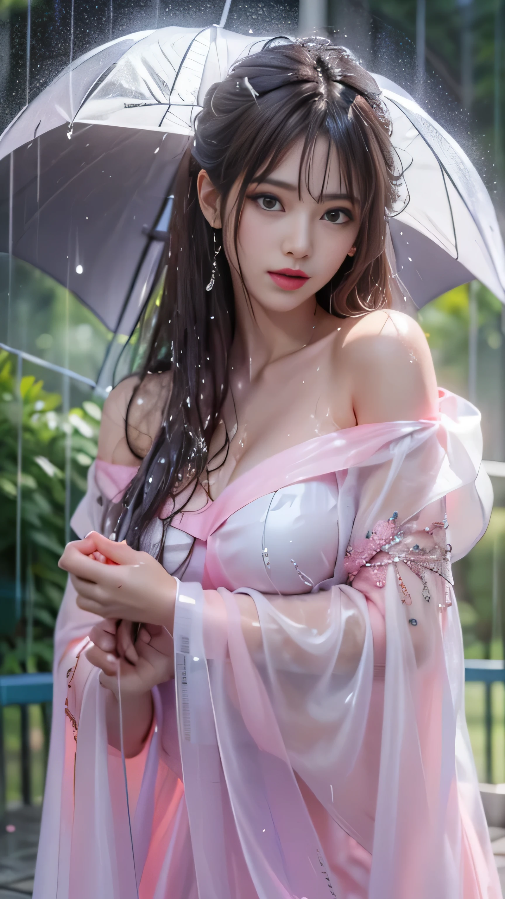 (highest quality、4k、masterpiece:1.3)、Beautiful woman、1 girl、sexy:1.1、dark brown hair:1.1、highly detailed face、lip details、detailed eye、double eyelid、(Pink nipples are transparent）、(Translucent off-shoulder wet white dress)、(she is wet)、(A woman taking shelter from the rain in a park waiting room)