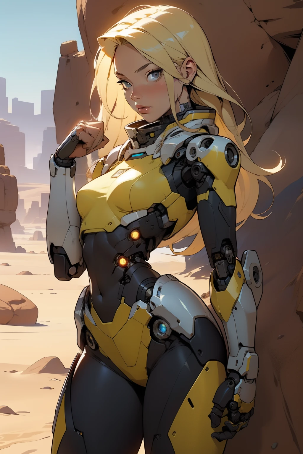 high quality, 4k, masterpiece, beautiful, cyborg girl, cowboy shot, dull eyes, front, looking at viewer, long blonde hair, girl, small breasts, fit thighs, robotic arms, robotic body, cyborg body, yellow uniform, red accent, intricate detail, joint, detailed lines, robotic detail, holding fist up, holding hand up as fist, color robotic parts, robotic parts with color, perfect fingers, on a desert planet, sunny background, colorful desert, a river or a lake in the background