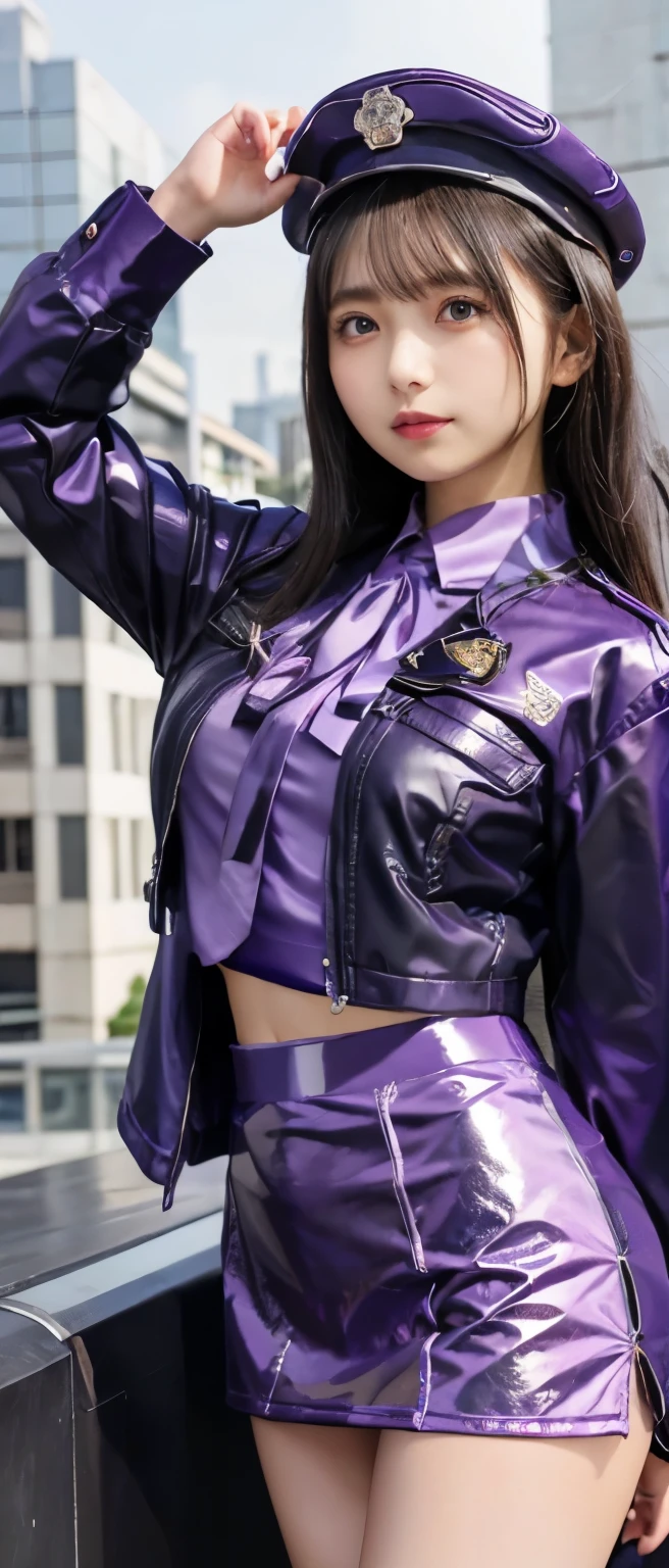 Cyber Police Girl、whole body、good style、、、、Glowing shiny purple police uniform（tight mini skirt）、、、formal jacket、、long black hair、police hat、cyber city