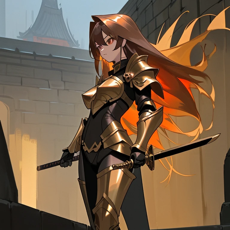 Asian girl,cute,Shoulder-length hair,Golden bronze hair,Busty figure,Wearing black and gold armor.,Two-handed sword wielding,There is a red veil on the back.,standing in front of the city wall,Fantasy genre