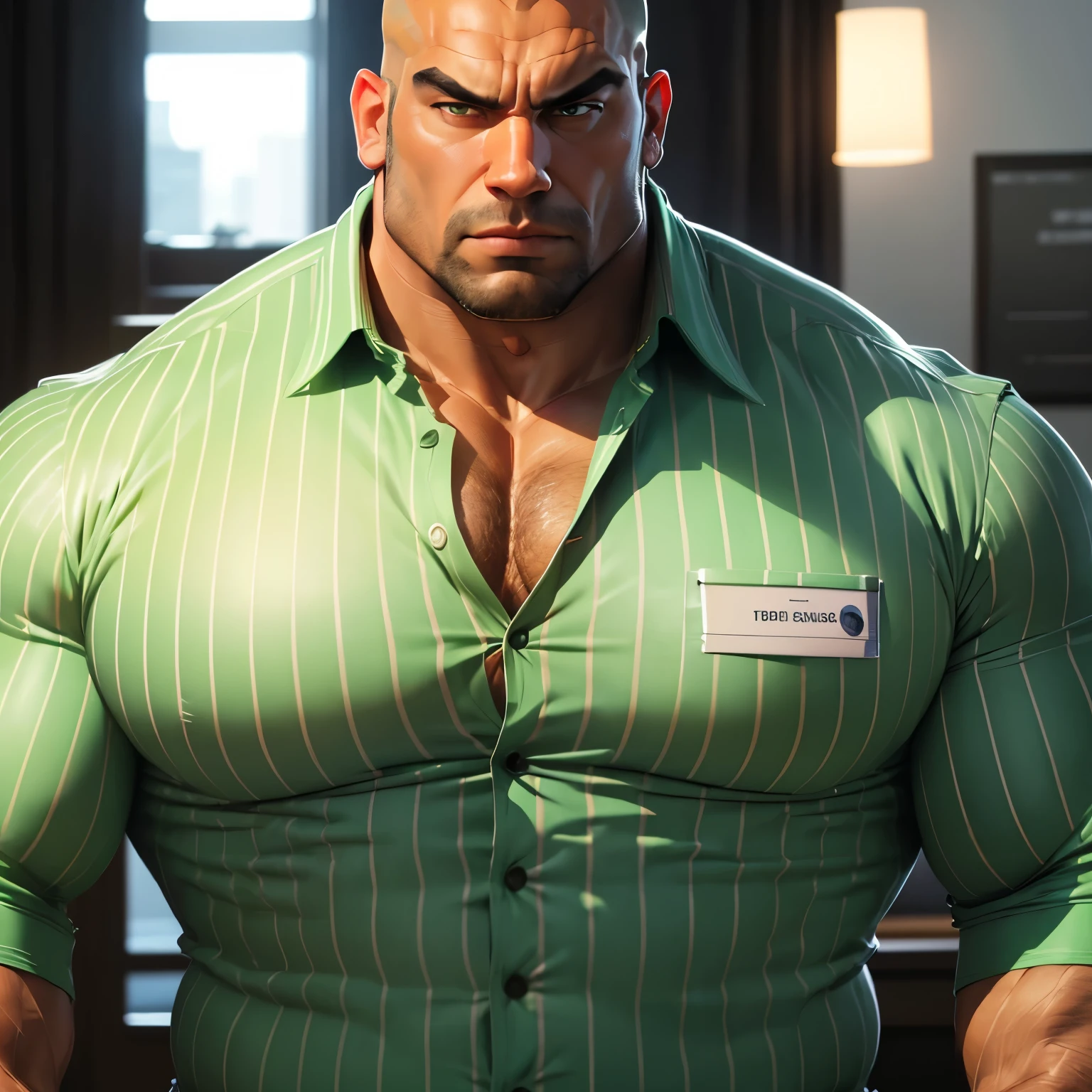 an exaggeratedly muscular and large bald bodyguard, beefy build, islander race, (wearing green striped business casual buttoned shirt: 1.2), name tag, (bara pecs: 1.3), (arm and chest hair: 1.1), close-up portrait HD, bright corporate office with large windows