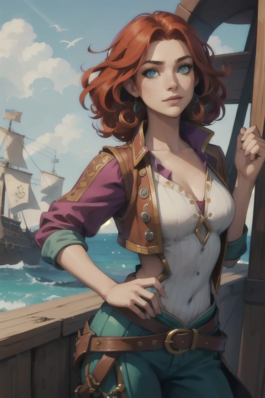 beautiful woman, pirate bard, playing on a pirate ship, vibrant colored pirate clothes, red curly hair, green eyes, freckles on face, beautiful face, short, colorful clothes