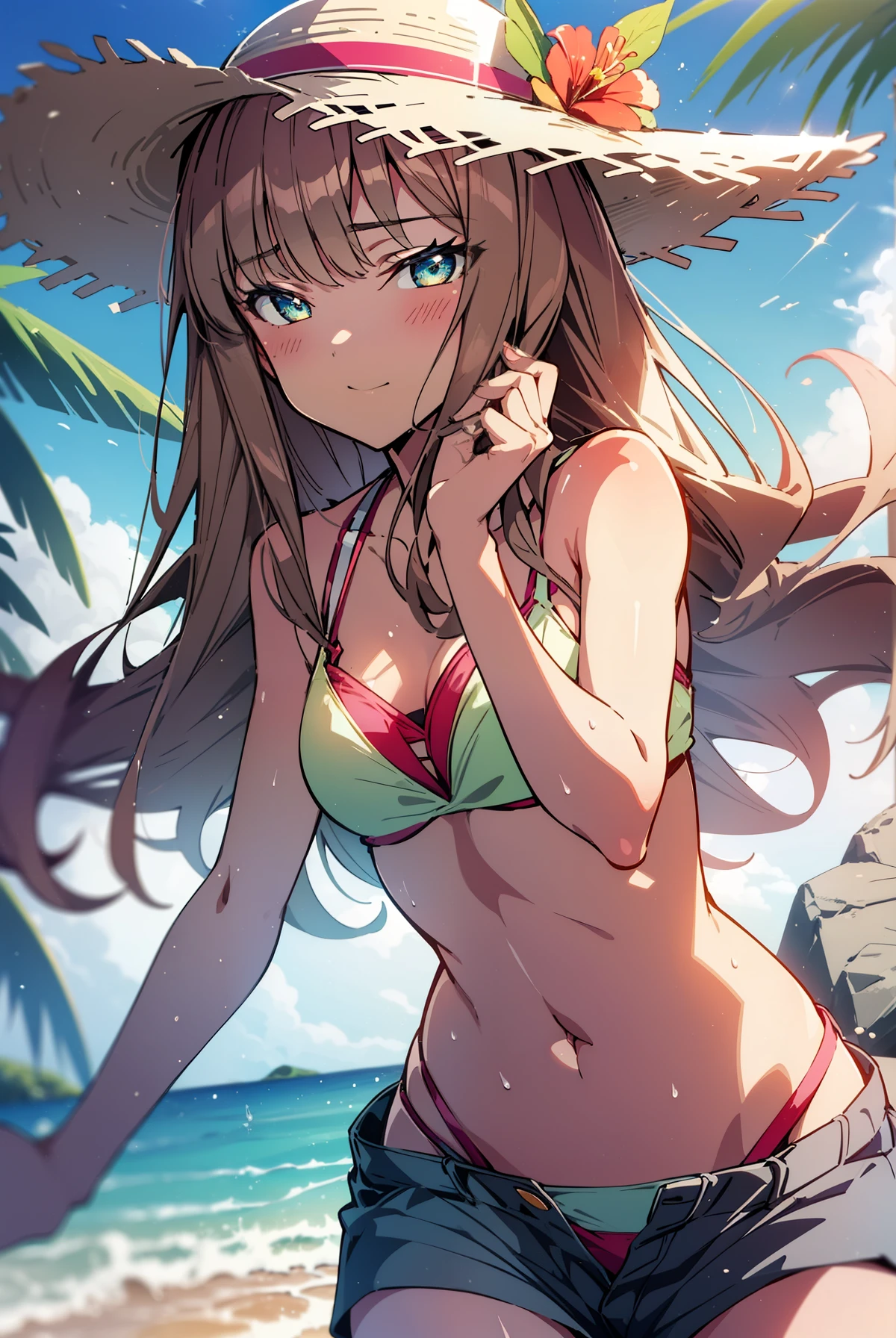 nsfw,(high resolution),(high resolution),(High definition),(8K),Girl 1,corridor, Soryu Asuka Langley, Interface Headset、At the Beach、Sweaty body、Squeeze breasts together、squat、Kneel、Spread your legs、leaf bikini、smile、