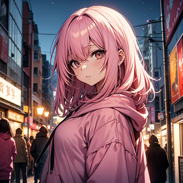 pink hair, medium length hair, brown eyes, girl, warm، pink hoodie, 18 years, night city, asian
