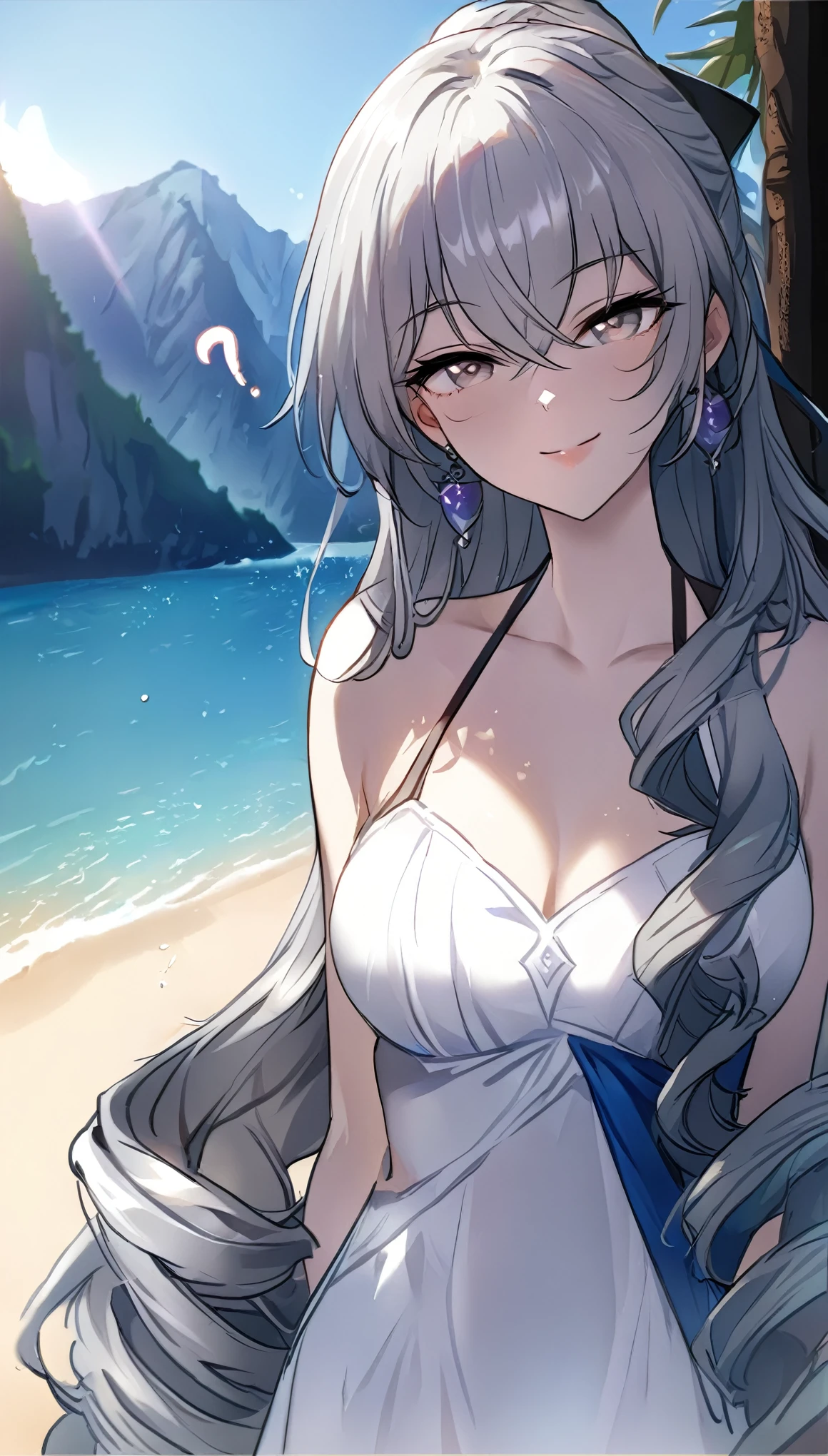 (((Masterpiece))), , diffused light, dynamic shadows, sharp focus, detailed, summer dress , anatomically correct, loving face, beautiful smile, beach with mountain background, bronya, (( half body:1)), bronya, long drill hair, 