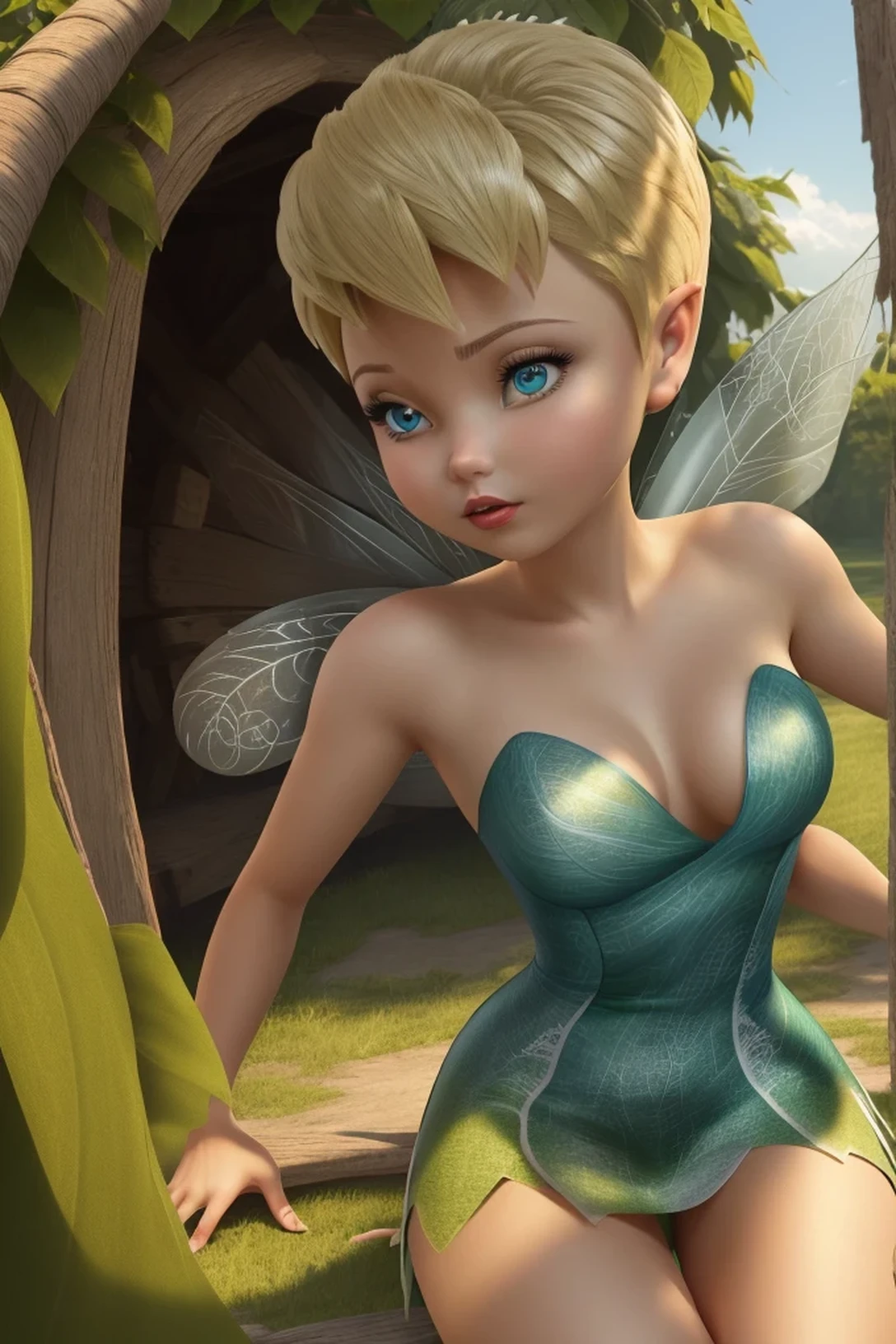 Meisterwerk, 8k, perfekte Beleuchtung, , Erwachsene, Weiblich, Blick auf den Betrachter, filmische Beleuchtung, Full body shot,  (TinkerBell:1.5), (TinkerBell Clothes:1.1), einzelner Haarknoten, (green clothing), ((clothes made of leaves)), (Feenflügel:1.2), spitze Ohren, blaue Augen, (Detaillierte Augen:1.2), sexy, (downblouse) , short green skirt, green top, sitting,