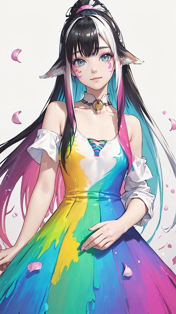 (Pink Fashion T-shirt:1.9),(Colorful hair: 1.8), (all the colours of the rainbow: 1.8),(((((vertical painting:1.6))), (painting:1.6),front, comics, illustrations, paintings, large eyes, crystal clear eyes,( rainbow color gradient high ponytail:1.7), exquisite makeup, closed mouth,(Small Fresh: 1.5),(Wipe Chest: 1.6) ,long eyelashes, white off shoulder T-shirt, White Shoulder Shirt,looking at the audience, large watery eyes, (rainbow colored hair:1.6), color splash, (solo:1.8), color splash, color explosion, thick paint style, messy lines, ((shining)),(colorful), (colorful), (colorful), colorful, Thick Paint Style, (Splash) (Color Splash), Vertical Painting, Upper Body, Paint Splash, Acrylic Pigment, Gradient, Paint, Highest Image Quality, Highest Quality, Masterpiece, Solo, Depth of Field, Face Paint, colorful clothes, (Elegant: 1.2), gorgeous,long hair, wind, (Elegant: 1.3), (Petals: 1.4),(((masterpiece))),(((best quality))),((ultra-detailed)),(illustration),(dynamic angle),((floating)),(paint),((disheveled hair)),(solo),(1girl) , (((detailed anima face))),((beautiful detailed face)),collar,bare shoulders,BLACK Hari,(colorful hair)),((streaked hair)),beautiful detailed eyes,(Gradient color eyes),(((colorful eyes))),(((colorful background))),(((high saturation))),(((surrounded by colorful splashes))),