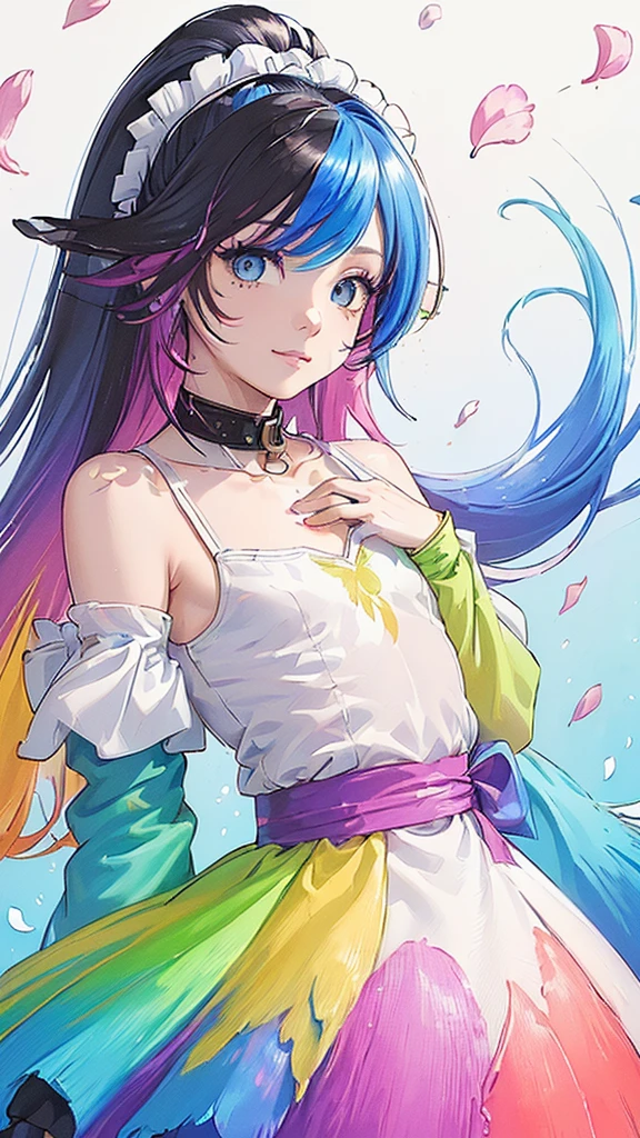 （Pink Fashion T-shirt：1.9），(Colorful hair: 1.8), (all the colours of the rainbow: 1.8),(((((vertical painting：1.6))), （painting：1.6），front, comics, illustrations, paintings, large eyes, crystal clear eyes,（ rainbow color gradient high ponytail：1.7）, exquisite makeup, closed mouth,(Small Fresh: 1.5),(Wipe Chest: 1.6) ，long eyelashes, white off shoulder T-shirt,  White Shoulder Shirt，looking at the audience, large watery eyes, (rainbow colored hair：1.6), color splash, （solo：1.8）, color splash, color explosion, thick paint style, messy lines, ((shining))，(colorful), (colorful), (colorful), colorful, Thick Paint Style, (Splash) (Color Splash), Vertical Painting, Upper Body, Paint Splash, Acrylic Pigment, Gradient, Paint, Highest Image Quality, Highest Quality, Masterpiece, Solo, Depth of Field, Face Paint,  colorful clothes, (Elegant: 1.2), gorgeous,long hair, wind, (Elegant: 1.3), (Petals: 1.4)，(((masterpiece))),(((best quality))),((ultra-detailed)),(illustration),(dynamic angle),((floating)),(paint),((disheveled hair)),(solo),(1girl) , (((detailed anima face))),((beautiful detailed face)),collar,bare shoulders,BLACK  Hari,(colorful hair)),((streaked hair)),beautiful detailed eyes,(Gradient color eyes),(((colorful eyes))),(((colorful background))),(((high saturation))),(((surrounded by colorful splashes))), 



