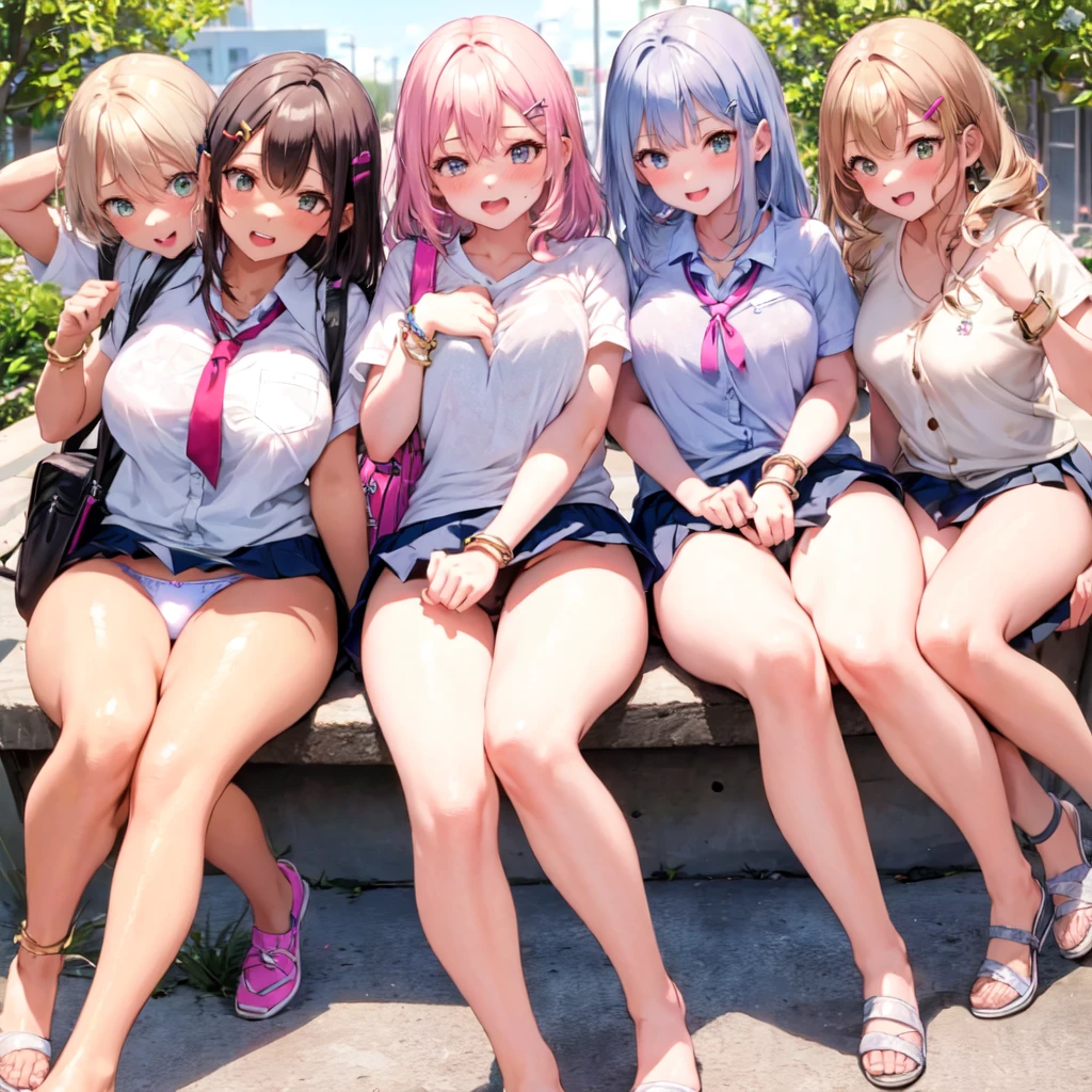 Texture CG, ((Ultra Detail Art)), ((​master piece)), (extremely details CG),Multiple girls,3girls,harem,sitting, school gals ,school gyaru ,((((school unifrom))),skirt ,(((pleated mini skirt)))), white shirt, school bag, bag , beautiful legs, wind lift,((string panties),(white sexy panties)),long hair, blonde hair, brown hair, pink hair, silver hair, Curve, Beautiful detailed eyes , gleaming skin, bracelet, ,hair ornament, hairclip, jewelry, open mouth ,light smile, embarrassed:1.4,