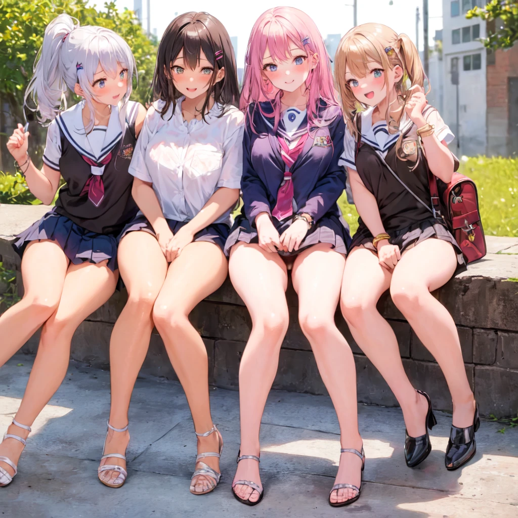 Texture CG, ((Ultra Detail Art)), ((​master piece)), (extremely details CG),Multiple girls,3girls,harem,sitting, school gals ,school gyaru ,((((school unifrom))),skirt ,(((pleated mini skirt)))), white shirt, school bag, bag , beautiful legs, wind lift,((string panties),(white sexy panties)),long hair, blonde hair, brown hair, pink hair, silver hair, Curve, Beautiful detailed eyes , gleaming skin, bracelet, ,hair ornament, hairclip, jewelry, open mouth ,light smile, embarrassed:1.4,