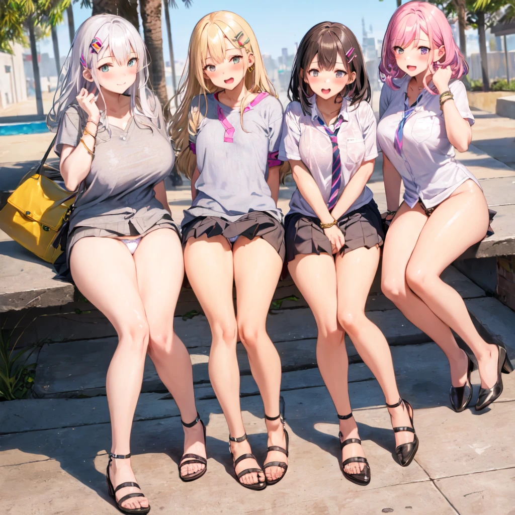 Texture CG, ((Ultra Detail Art)), ((​master piece)), (extremely details CG),Multiple girls,3girls,harem,sitting, school gals ,school gyaru ,((((school unifrom))),skirt ,(((pleated mini skirt)))), white shirt, school bag, bag , beautiful legs, wind lift,((string panties),(white sexy panties)),long hair, blonde hair, brown hair, pink hair, silver hair, Curve, Beautiful detailed eyes , gleaming skin, bracelet, ,hair ornament, hairclip, jewelry, open mouth ,light smile, embarrassed:1.4,