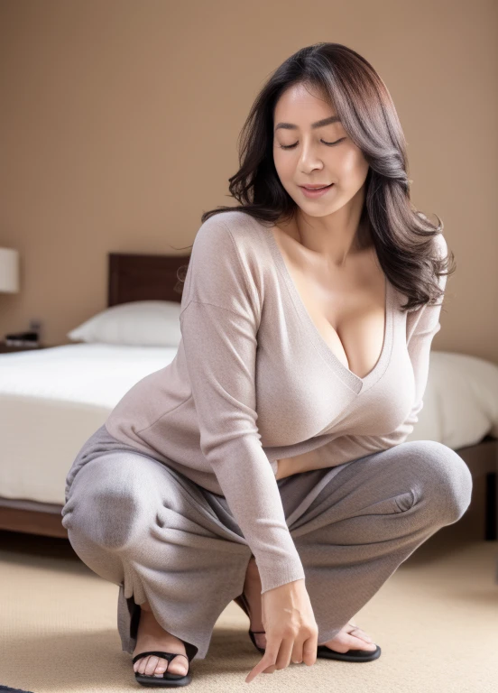 masterpiece,highest quality, Japanese, 55 years old, (one attractive old woman), ((wrinkles)), (目尻のwrinkles), (nasolabial folds), black hair, Japanese, Top quality, 1 beautiful woman, long Hair, brown hair, V-neck Sweater, ((Long Skirt)), Full Body Shot, large breasts, (milf), bed, ((cowgirl position, open legs, on bed)), cleavage, (((mouth wide open))), (((eyes closed))),(((sensual)))、wavy hair