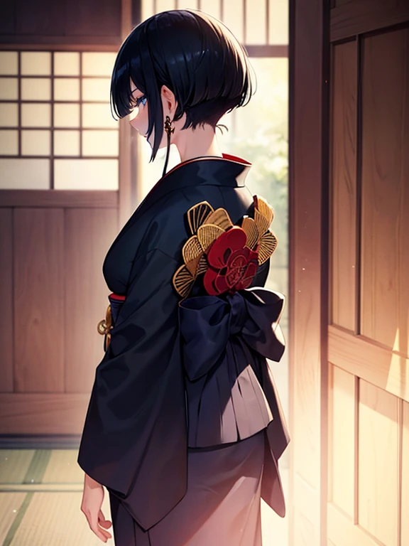A (masterpiece, of the highest quality, ultra-detailed), featuring short black and navy hair, seen from behind, with the nape of the neck visible, fair skin, and a traditional Japanese kimono.