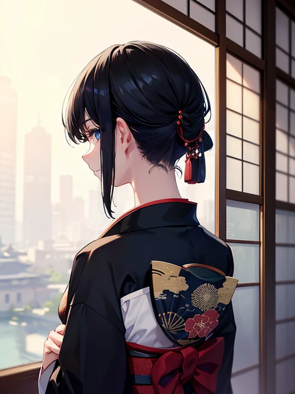 A (masterpiece, of the highest quality, ultra-detailed), featuring short black and navy hair, seen from behind, with the nape of the neck visible, fair skin, and a traditional Japanese kimono.