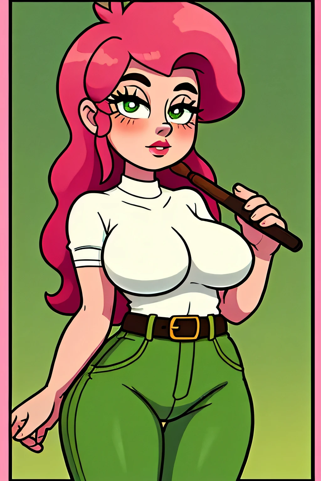 A tender character woman, extra large breasts, longer wavy hair, bright red, her brown eyes, rectangle, large pupils, pink lips, a light green military suit, yellow line brushes, and her light green pants, wearing a yellow belt. 