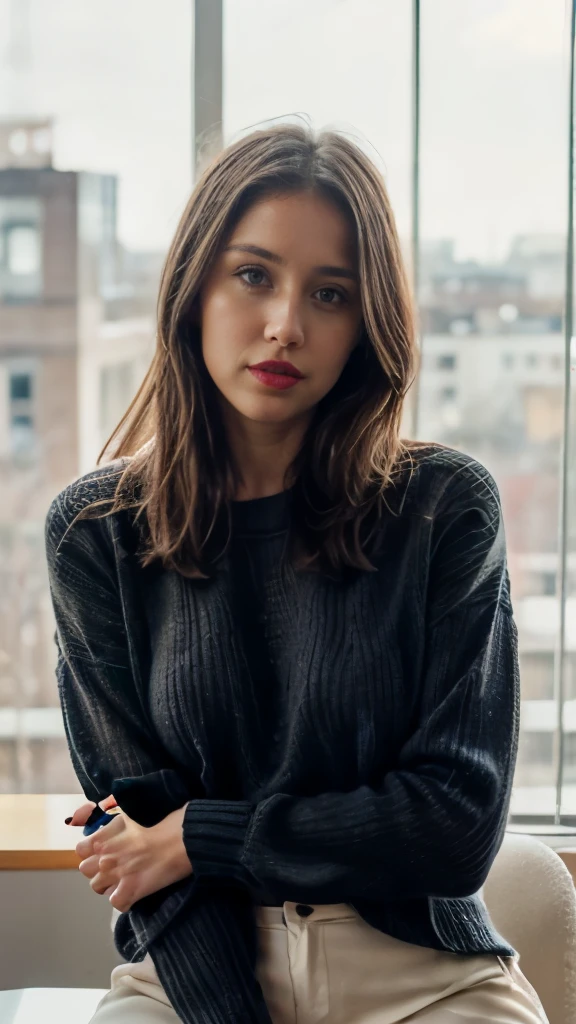Medium distance photo of shy woman with curly hair, radiant brown eyes, perfect face and eyes, Soft portrait photographed in 8K, Medium distance photo of perfect face, portrait of Sophie Mudd with stunning brown eyes, Beautiful face portrait, girl with brown eyes, perfect face), medium distance portrait showing full face and hair, beautiful portrait image, Wearing black turtleneck t-shirt, jeans, with brown eyes, Full image, Irish coffee background, very blurred, with only highlights and indistinct shadows, Full image
