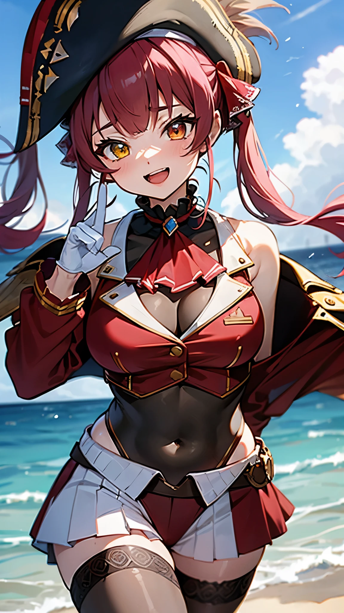 (highest quality, 8K, 32k, perfect body, super detailed face), houshouBase, heterochromia, red eyes, yellow eyes, twintails, long hair, hair ribbon, large breasts, white gloves, frilled choker, red ascot, leotard, leotard under clothes, red jacket, cropped jacket, sleeveless jacket, black coat, off shoulder, bicorne, red skirt, miniskirt, leather belt, black thighhighs, sea, sky, ship, smile, open mouth, (navel close up1.2), cowboy shot, 