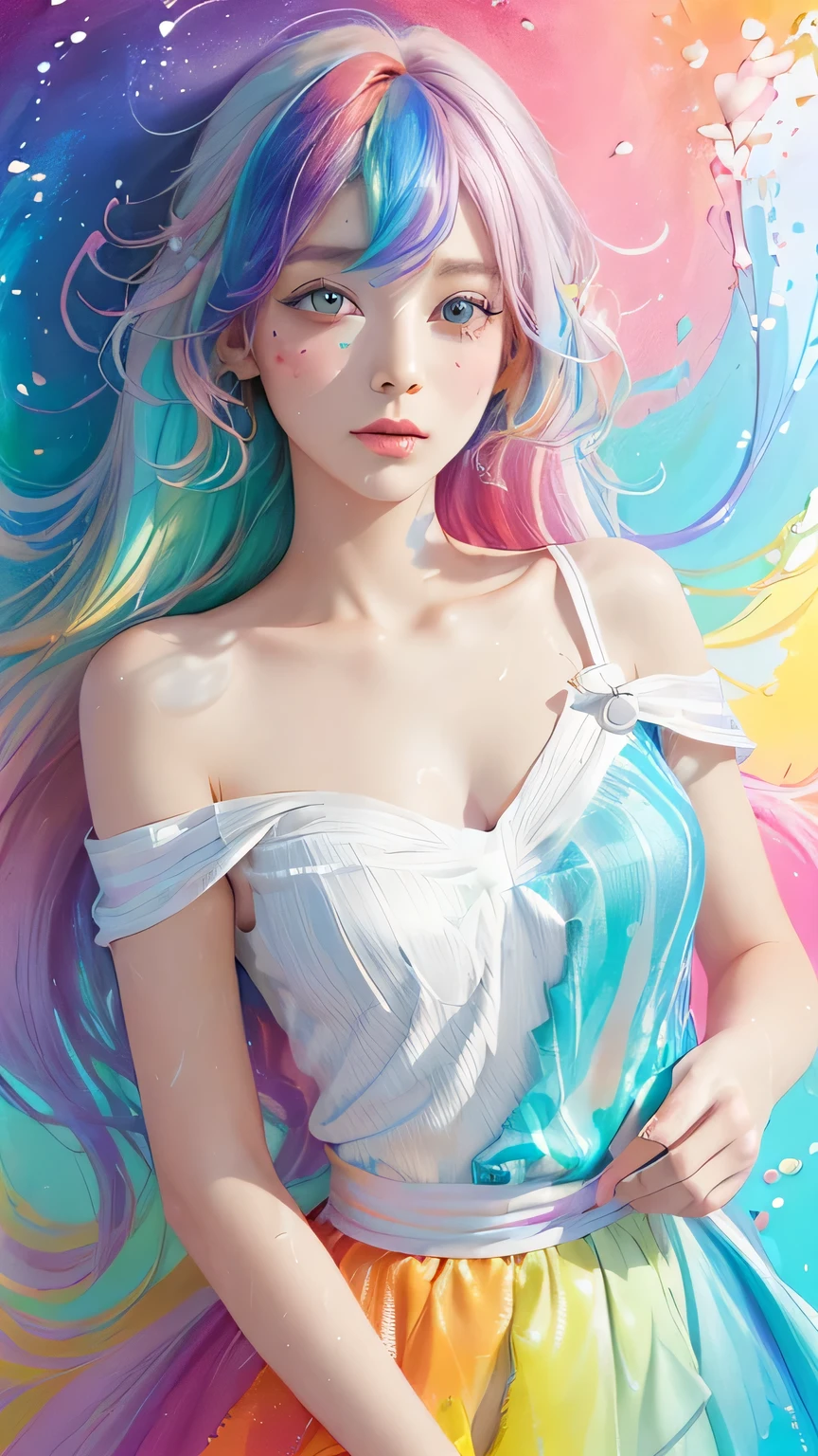 （Pink fashion T-shirt：1.9），(colorful hair: 1.8), (All colors of the rainbow: 1.8),(((((vertical drawing：1.6))), （drawing：1.6），front, comics, illustrations, drawings, big eyes, crystal clear eyes,（ Rainbow gradient high ponytail：1.7）, Exquisite makeup, Keep your mouth shut,(Little fresh: 1.5),(Wipe Chest: 1.6) ，long eyelashes, White off-shoulder T-shirt,  white shoulder shirt，looking at the audience, watery big eyes, (rainbow colored hair：1.6), Color splash, （alone：1.8）, Color splash, color explosion, thick draw style, messy lines, ((shining))，(rich and colorful), (rich and colorful), (rich and colorful), rich and colorful, Thick draw Style, (splash) (Color splash), Vertical drawing, Upper body, draw splash, acrylic paint, slope, draw, Highest image quality, best quality, masterpiece, alone, depth of field, Face draw,  rich and colorful clothes, (elegant: 1.2), Gorgeous,long hair, Wind, (elegant: 1.3), (petal: 1.4)，(((masterpiece))),(((best quality))),((Super detailed)),(illustration),(Dynamic angle),((floating)),(draw),((disheveled hair)),(alone),(1 girl) , (((Detailed anima face))),((Beautiful and delicate face)),collar,bare shoulders,white hair, ((rich and colorful hair)),((striped hair)),Beautiful and delicate eyes,(slope color eyes),(((rich and colorful eyes))),(((rich and colorful background))),(((high saturation))),(((surrounded by rich and colorful splashes))),