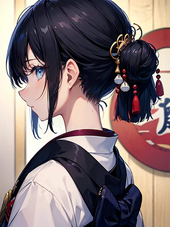 A (masterpiece, of the highest quality, ultra-detailed), featuring short black and navy hair, seen from behind, with the nape of the neck visible, facing away (face not visible), fair skin, and a traditional Japanese kimono.