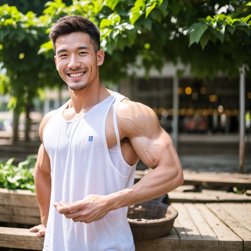 (best quality,4k,8ก,height,Masterpiece:1.2),Very detailed,(realistic,photorealistic,photo-realistic:1.37),Portrait,Thai is handsome and cute, 18 years old.,two boys,thin body, slim body model, No six pack,sexy men underwear,Walking with blue underwear in a Bangkok market park,ใบหน้าที่มีรายVery detailed,greenery,Clear blue sky,Light sunlight,There are vendors in the market in the blurry background.