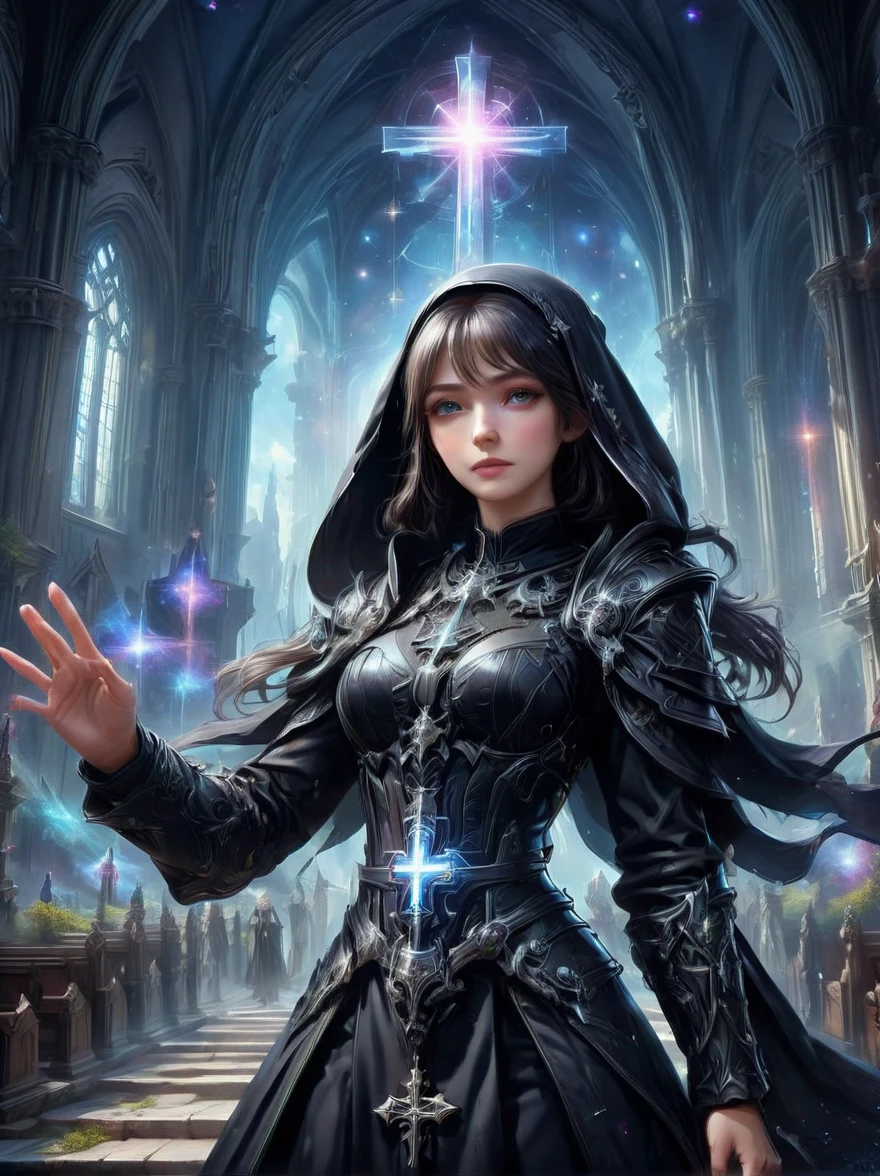 Fantasy game anime character，(nun:1.4)，((穿着黑色nun服))，Waving the Galactic Cross，church background，the art of mathematics，Super detailed，Super detailed，HD，masterpiece，best quality