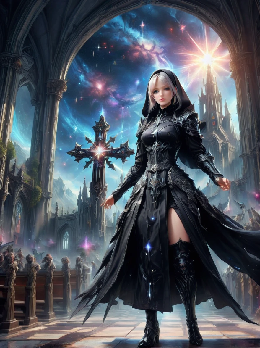 Fantasy game anime character，(nun:1.4)，((穿着黑色nun服))，Waving the Galactic Cross，church background，the art of mathematics，Super detailed，Super detailed，HD，masterpiece，best quality