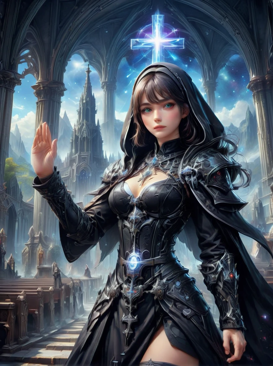 Fantasy game anime character，(nun:1.4)，((穿着黑色nun服))，Waving the Galactic Cross，church background，the art of mathematics，Super detailed，Super detailed，HD，masterpiece，best quality