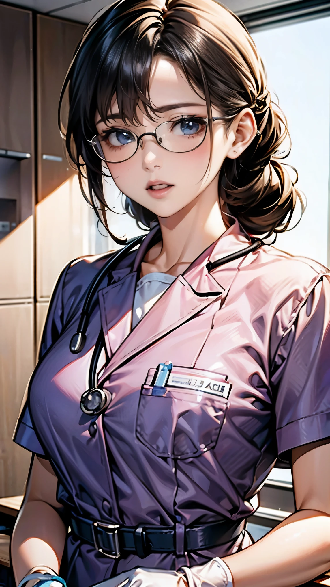 highest quality, masterpiece, 8K, photorealist, ultra high resolution, very delicate and beautiful, HDR, cinematic lighting, medium shot, portrait, perfect female body, Beautiful woman, mature woman, contrasting, put your hand on your head, looking at the viewer, (female doctor:1.6、white clothes、Stethoscope、Glasses、A clean, tied-up hairstyle)、Medical Gloves、name tag、Scrub Suits、Examination room、medical equipment