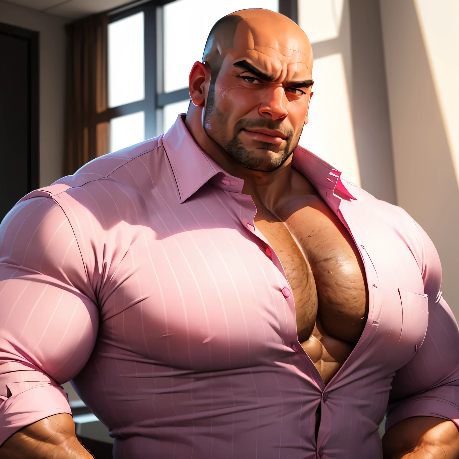 an exaggeratedly muscular and large bald bodyguard, beefy build, mixed race, embarrassed expression, (wearing pink striped business casual buttoned shirt: 1.2), stretched fabric, name tag, (bara pecs: 1.3), (arm and chest hair: 1.1), close-up portrait HD, bright corporate office with large windows