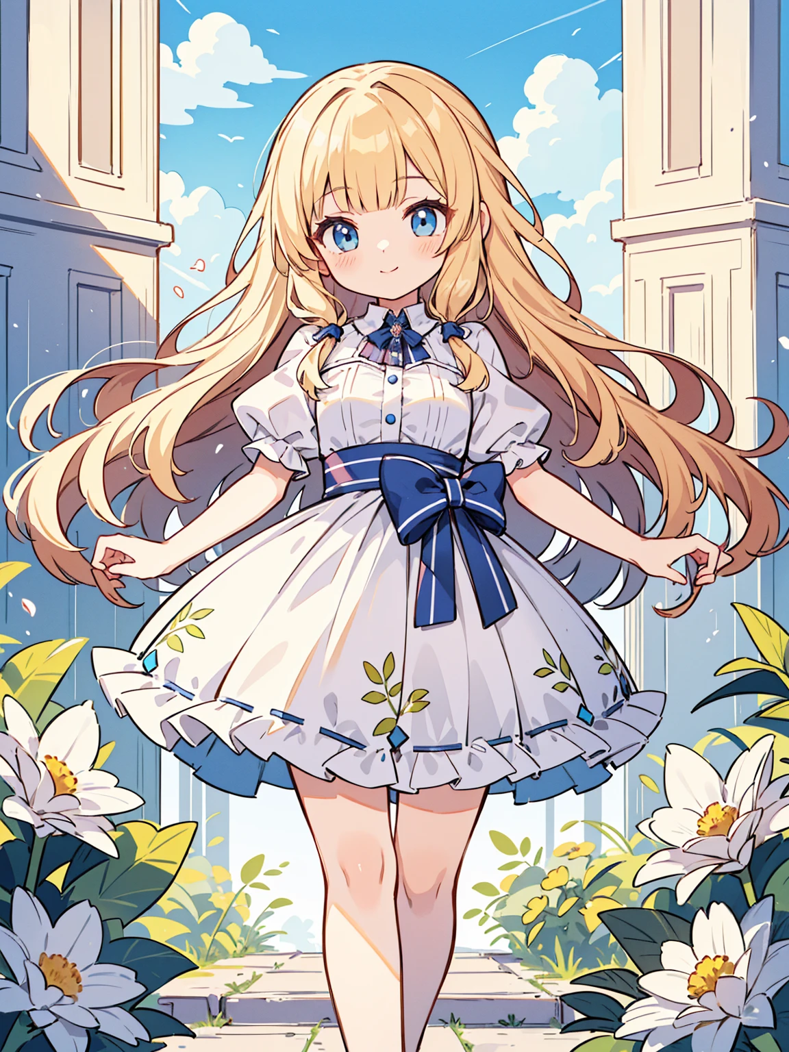 High quality, Ultra detailed, best quality, insanely detailed, masterpiece, beautiful illustrations, highest quality, pretty girl, ((very cute)), ((lovely)), ((sweet body)), 1girl, standing, pastel colour, blonde hair, wavy long hair, (blunt bangs), caucasian, bright lighting, sky-blue eyes, soft smile, looking at viewer