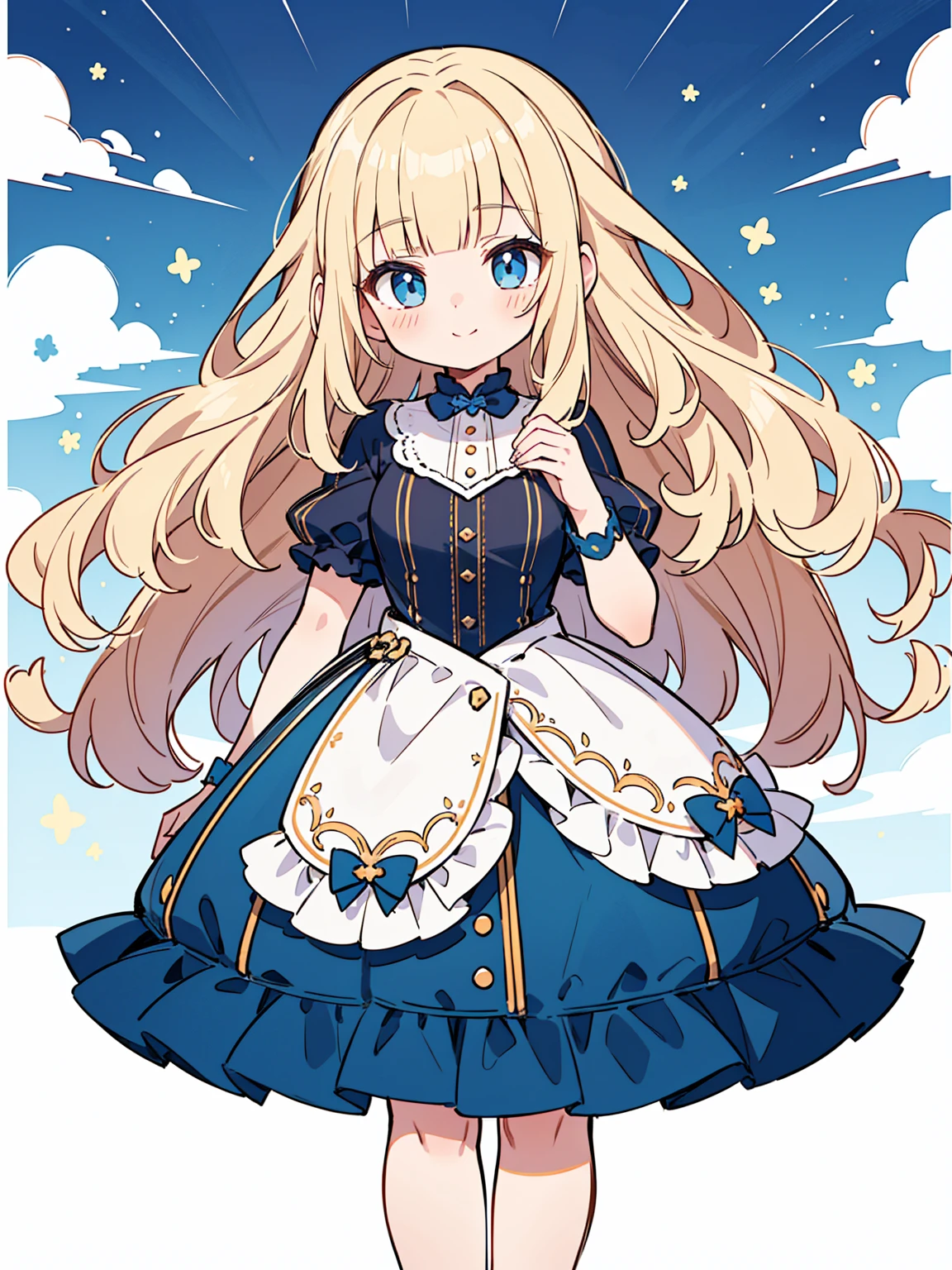 High quality, Ultra detailed, best quality, insanely detailed, masterpiece, beautiful illustrations, highest quality, pretty girl, ((very cute)), ((lovely)), ((sweet body)), 1girl, standing, pastel colour, blonde hair, wavy long hair, (blunt bangs), caucasian, bright lighting, sky-blue eyes, soft smile, looking at viewer