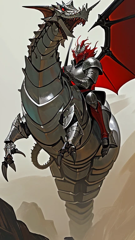 young knight,Elegant silver and red armor,Riding an armored dragon,flying over the army,Fire Wars,Fantasy genre,There is a dark castle in the distance.