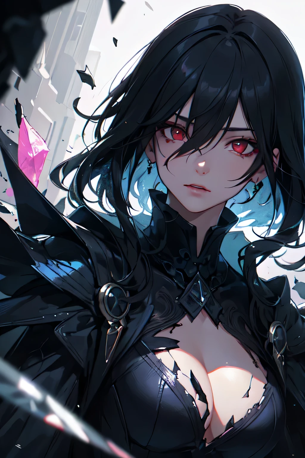 (detailed background,dark fantasy), (Beautiful and detailed face), high contrast, (best lighting, very delicate and beautiful), ((cinematic light)), fancy, hyper detail, dramatic light, intricate details, (1 girl, alone,black hair, sharp face,red eyes, hair between eyes,dynamic angle), Blood splatters, Black light swirls around the character., depth of field,Black light particles,(broken glass),
