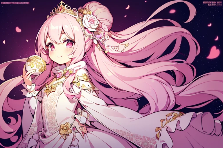 (kawaii),(best quality),(ultra detailed),(rococo style),(long train pastel pink cape:1.15), very long cape,(long train white ball gown with flower decorations:1.1), a girl is wearing a cape over her gown, 1 little princess, tiara, smile, very long hair, small breasts, beautiful detailed eyes, beautiful detailed lips