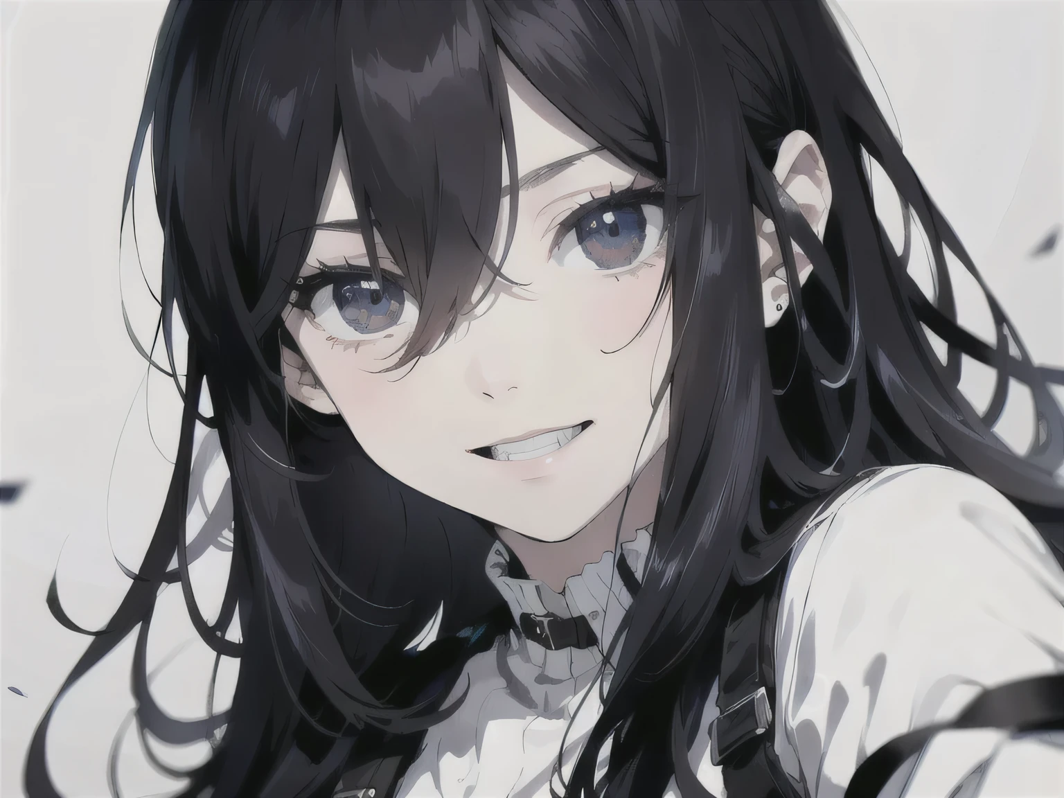 [[[[white background]]]], [[[long hair Girls]]], absurd solution、highest resolution、(masterpiece:1.4)、very detailed、from above、Adonis, masterpiece, Acceleration_nffsw, (expressionless:1.2), (smile:1.3), crutch, black hair,exaggerated blue eyes shining, photo taken up close, very detailed, (dark:1.3), dark, faint, nffsw, illustration, dirty