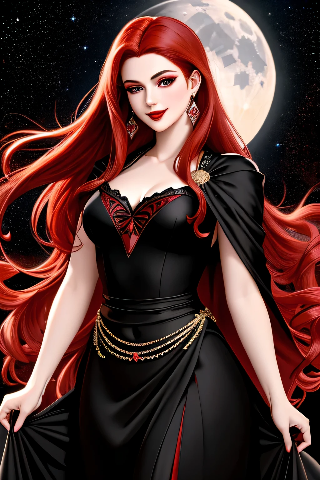(Masterpiece, Best Quality:1.3), absurdres, (8k resolution), illustration, ((outline, thick lineart)), (faux traditional media:1.3), looking at viewer,(masterpiece,best quality),HDR,high-definition,[[Intricate Details]],cinematic,photorealisticportrait shot, ((vivid red hair)), mature woman, 30 years old, diamond face, moonlight, red starry sky background, depth of field, magic, big red lips, ((dark black eyes)) black and red long and full dress, covered chest, mystical atmosphere, smile expression, posing, taut and well defined body, attractive. Highly realistic, pale skin, beautiful, hyperrealism, skin very elaborated, direct gaze

