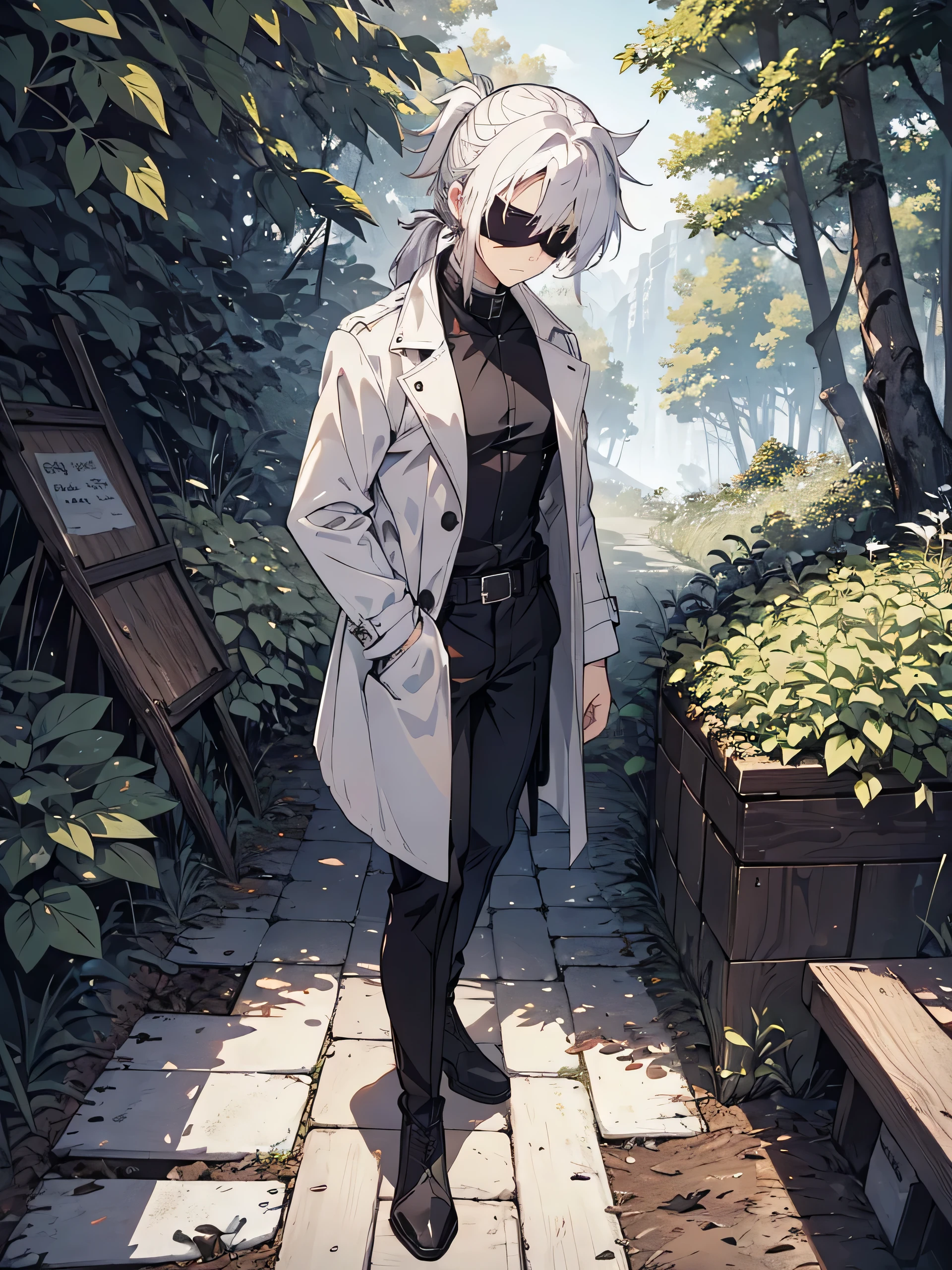 Man, male face, slightly muscular, alone, white trench coat, cargo pants, black combat boots, white hair, white ponytail, ponytail, blindfold, blindfold, scars, leather holsters, black holsters, forest background, forest, no crowd, looking at viewer, side looking