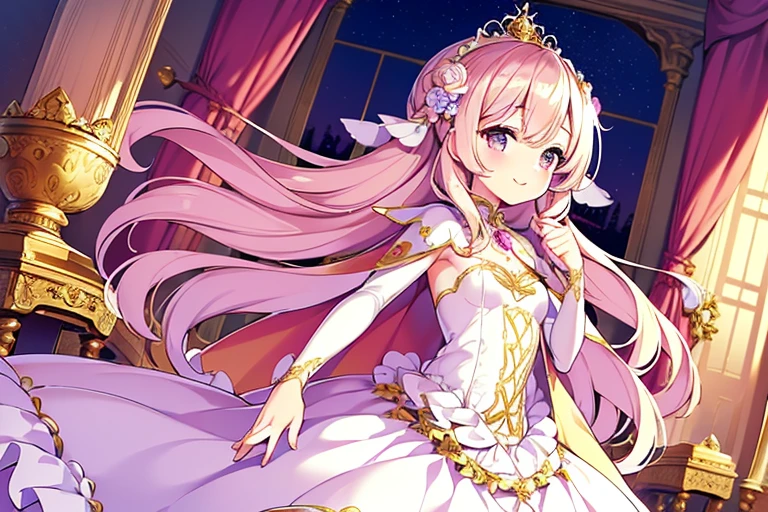 (kawaii),(best quality),(ultra detailed),(rococo style),(long train pastel pink cape:1.15), very long cape,(long train white ball gown with flower decorations:1.1), a girl is wearing a cape over her gown, 1 little princess, tiara, smile, very long hair, small breasts, beautiful detailed eyes, beautiful detailed lips